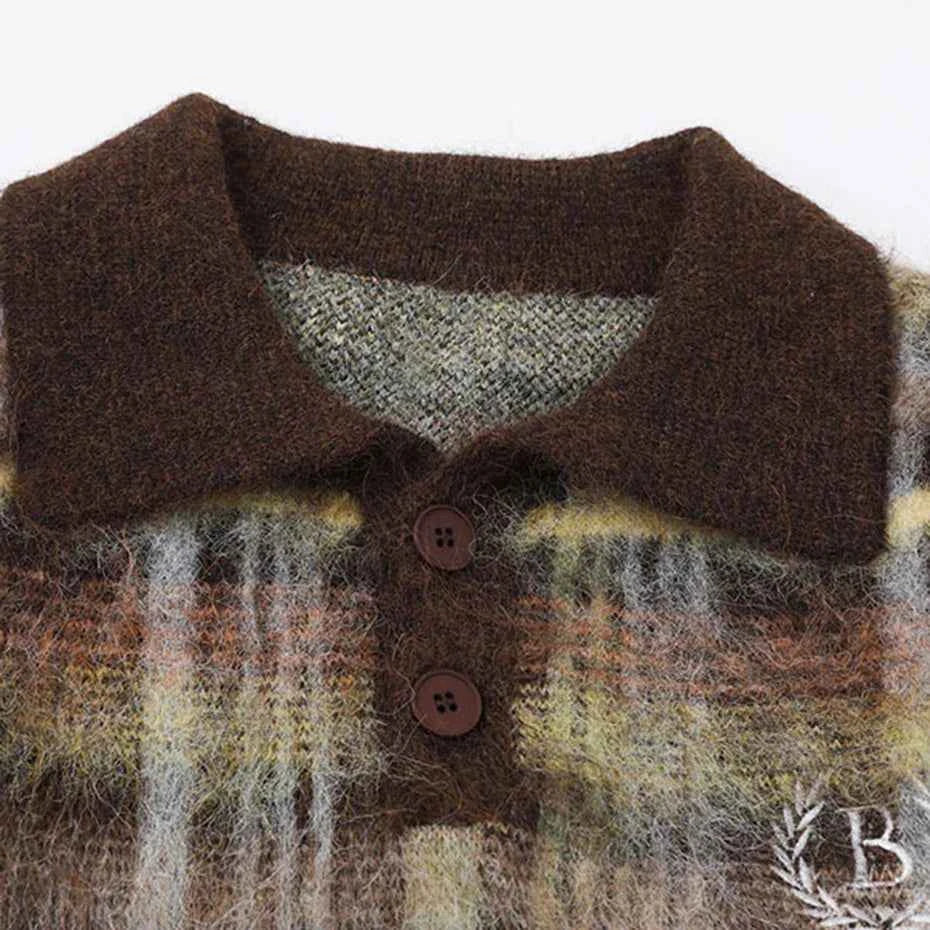 Flattering Oversized Plaid Knit Casual Polo Sweater