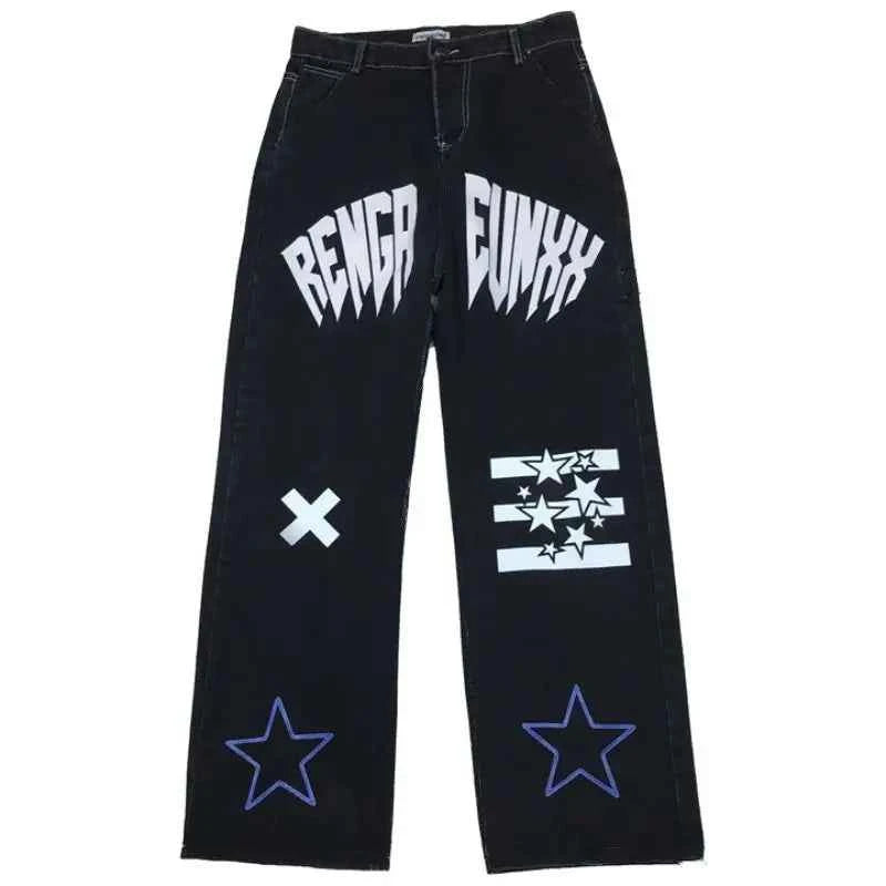 Streertwear Black Star Print High Jeans