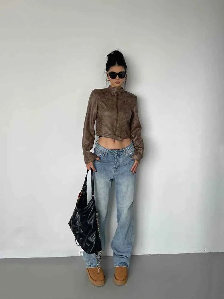 Women Retro Slim Stand Collar Leather Jacket