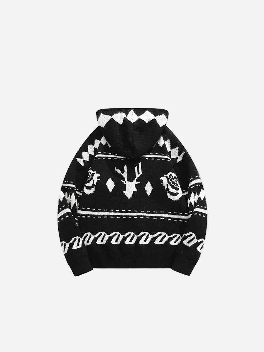 Cozy Retro Jacquard Zipper Hooded Cardigan