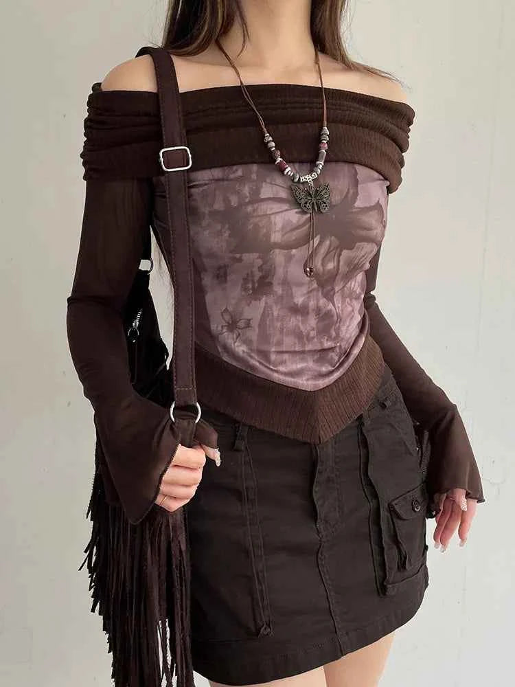 Vintage Floral Patchwork Slash Neck T-Shirt