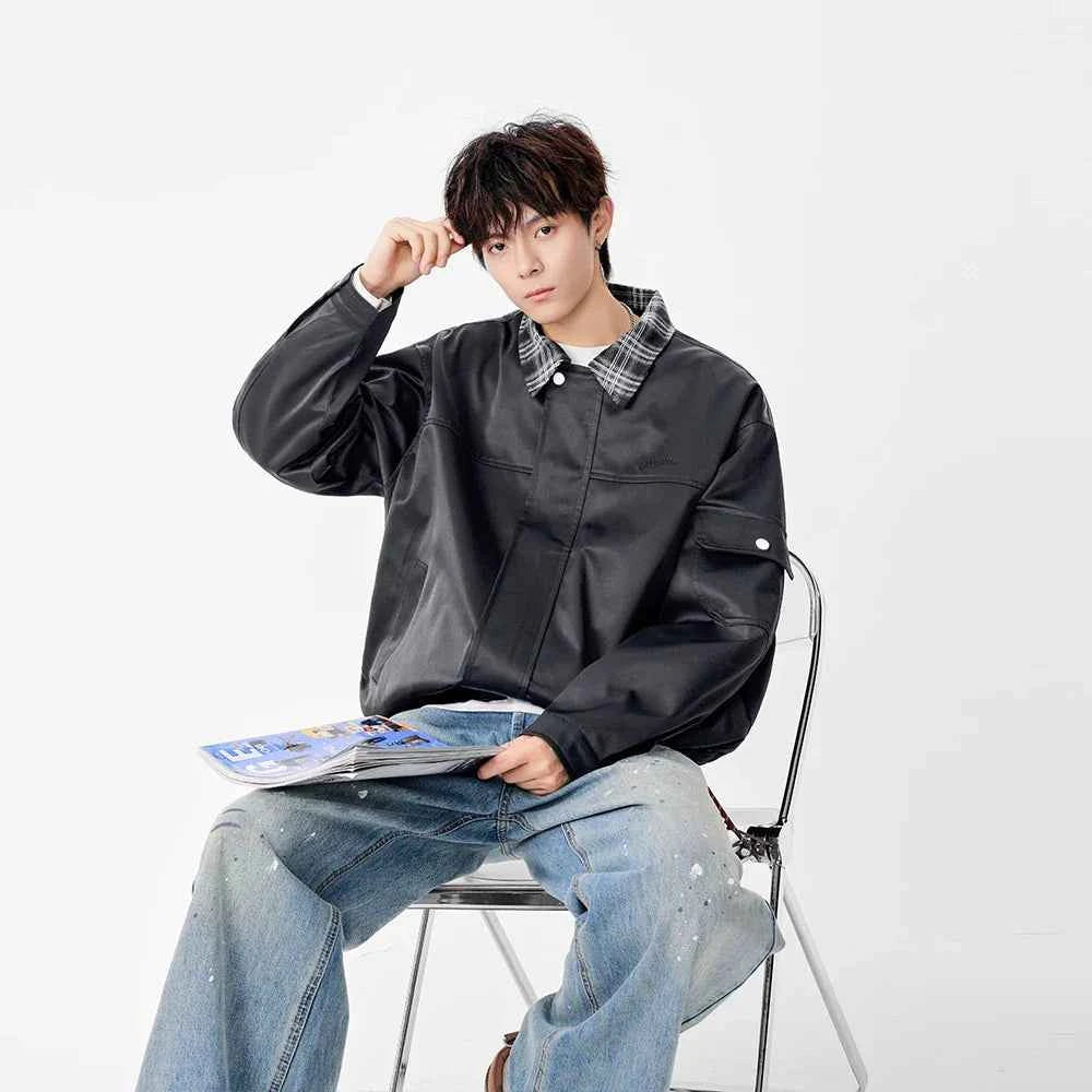 Warm Contrast Plaid Collar Button Up Leather Jacket