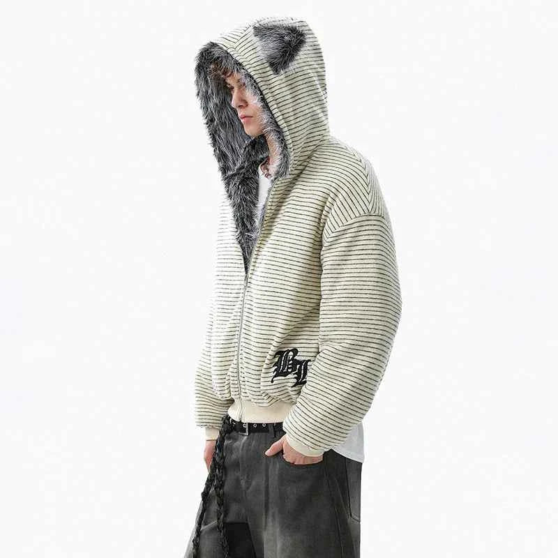 Brushed Striped Rabbit Faux Fur Hooded Jacket
