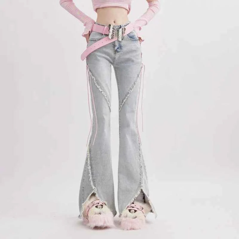Women Retro Lace Up High Waist Straight Denim Jeans