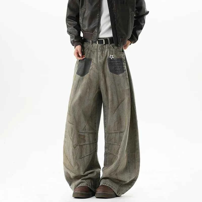 American Style Star Printing Dirty Dying Denim Jeans