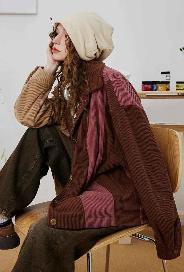 Streetwear Striped Colorblock Corduroy Baseball Jacket