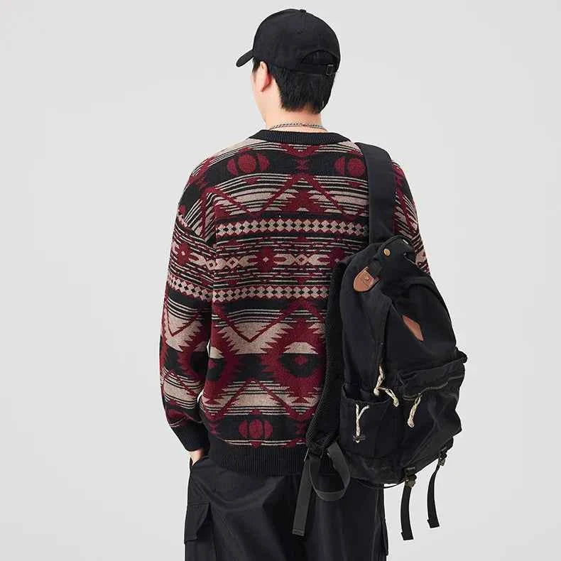 Geometric Pattern Crew Neck Knitted Sweater