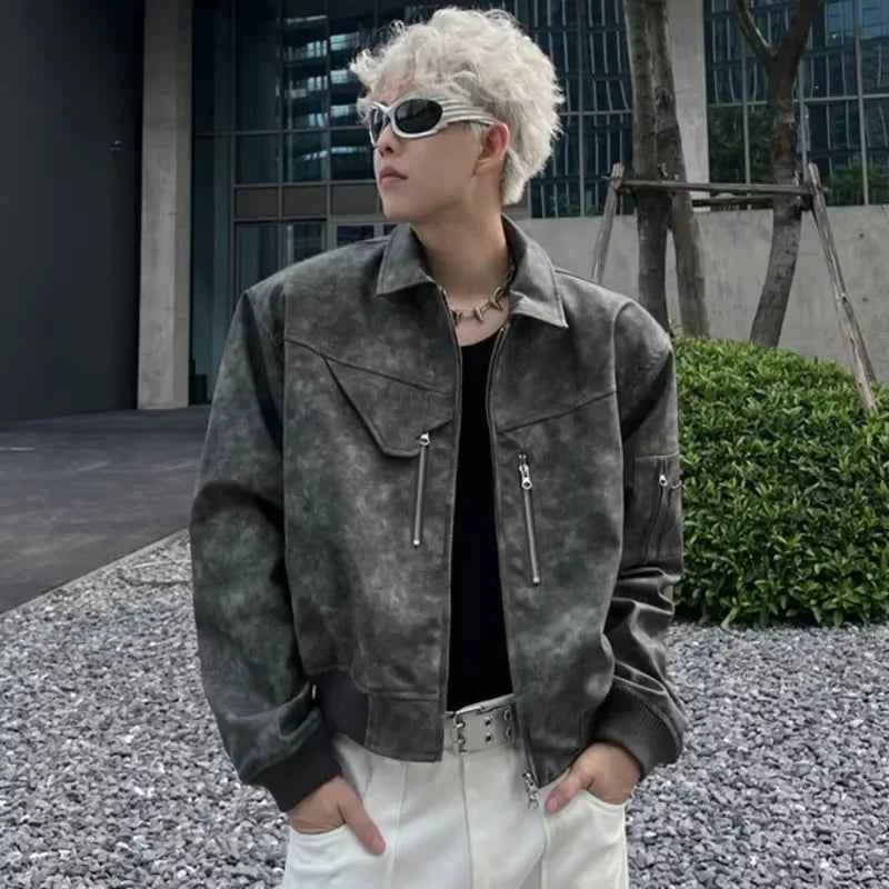 Men Pink Gradient Spring Leather Jacket