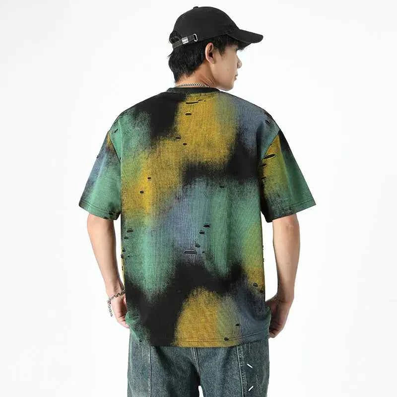 Trendy Tie Dye Ripped Hole Short Sleeve T-Shirt
