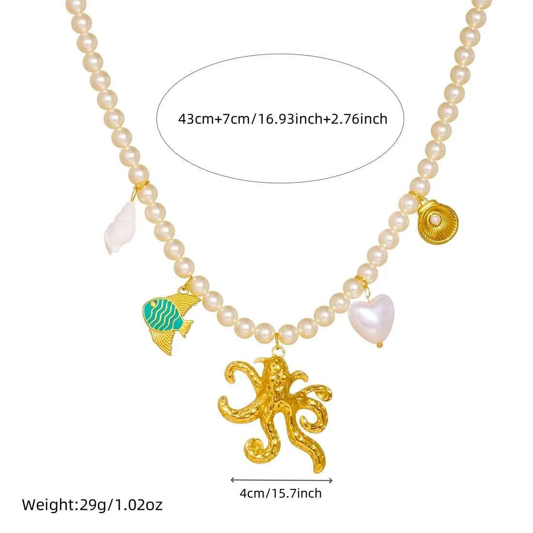 Golden Octopus Heart Pearl Pendant Necklace