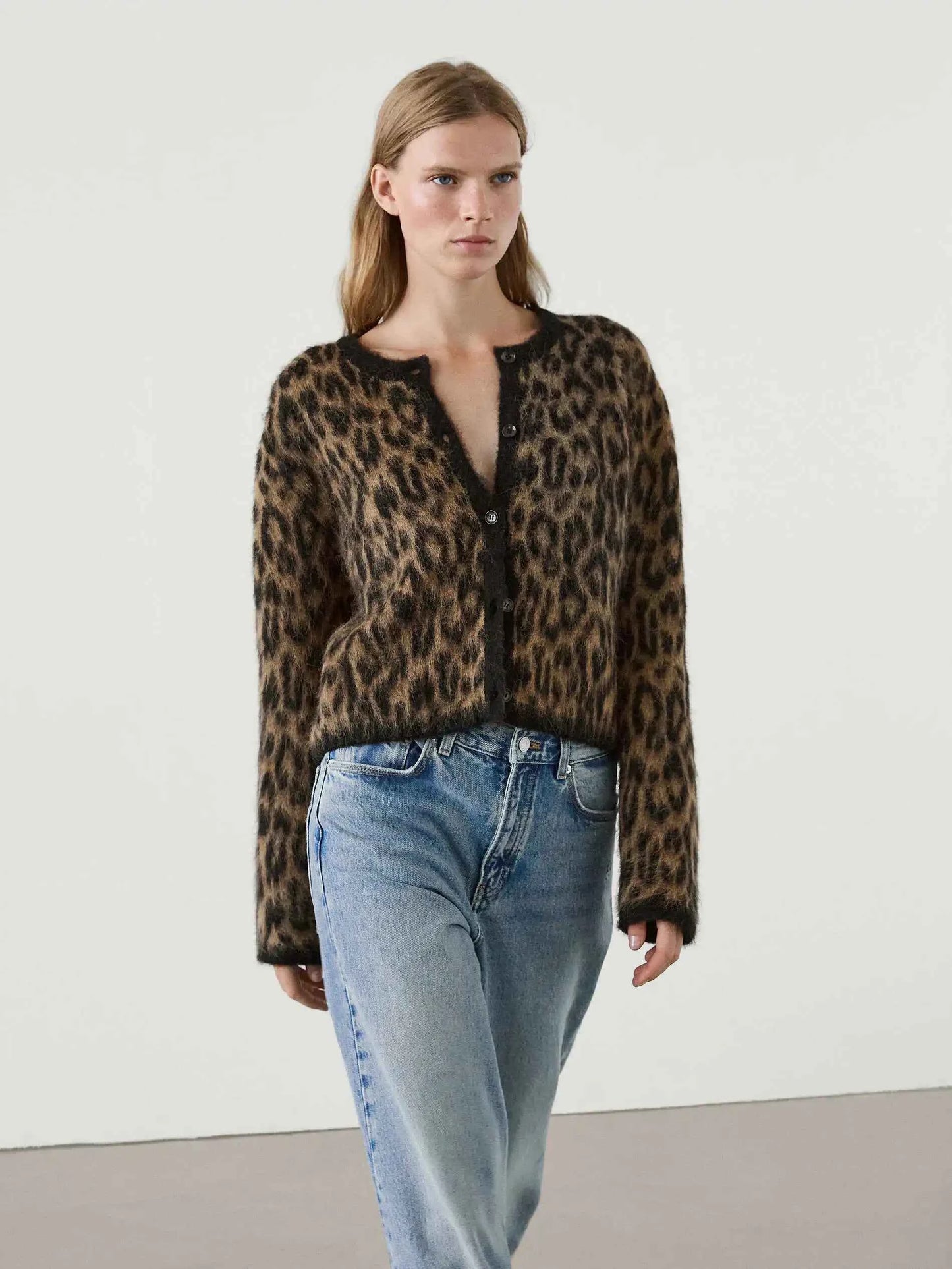 Ethereal Brown Leopard Print Round Neck Cardigan
