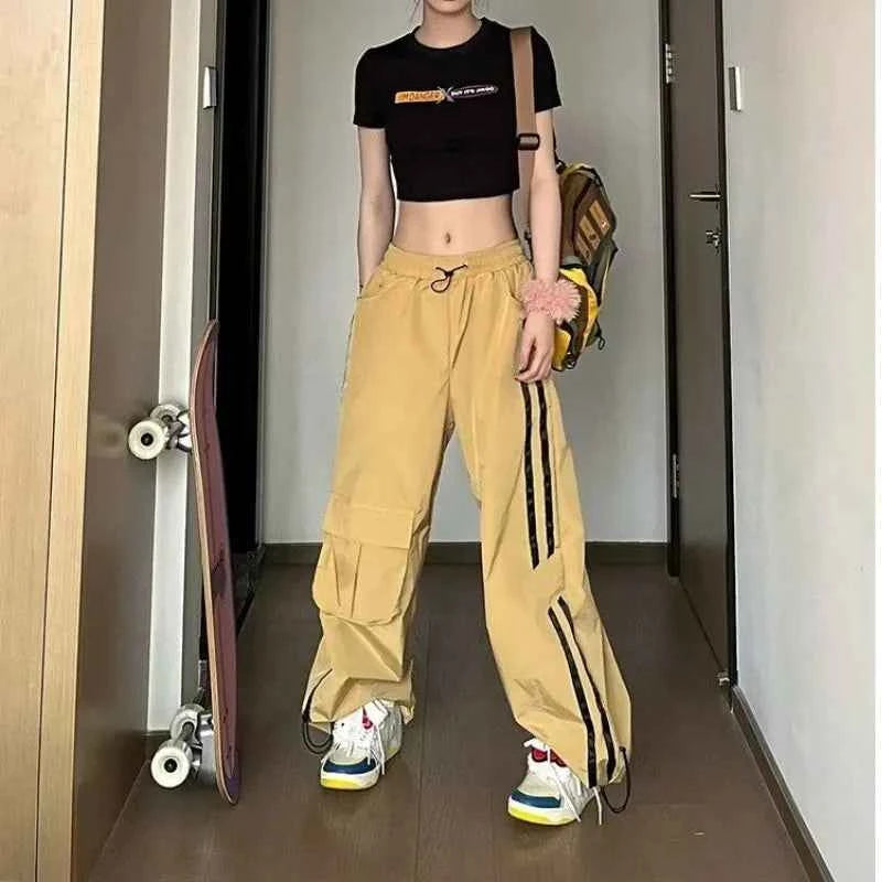 Women Hip Hop Striped Loose Wide Cargo Sweatpants