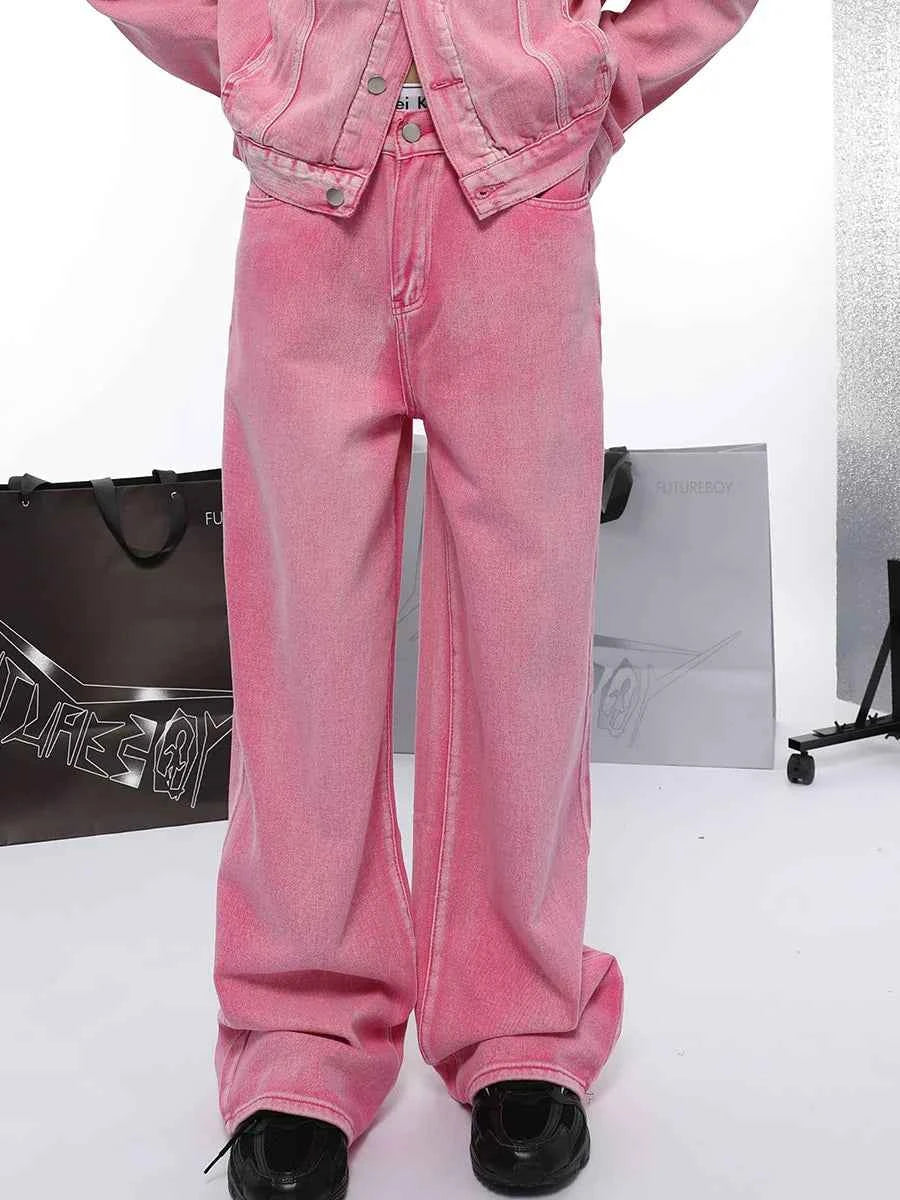 Pink Chic Oversized Denim Jacket And Baggy Jeans