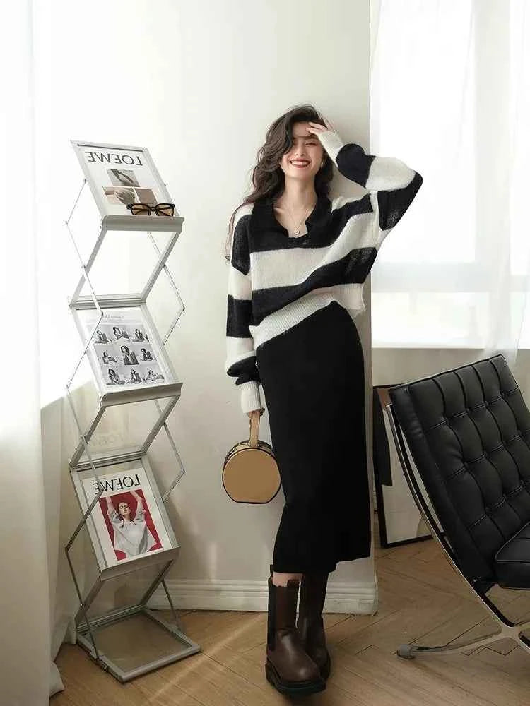 Comfy Striped Mohair Wool Polo Collar Sweater