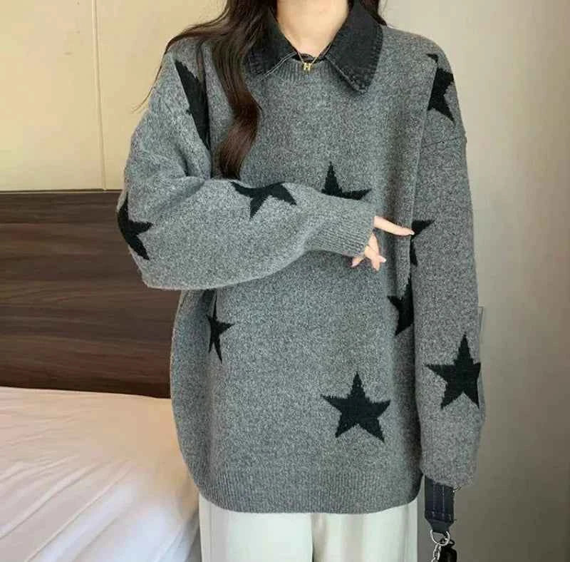 Women Retro Stars Vintage Patchwork Sweater