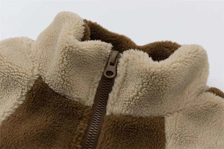 Breathable Cozy Plush Fleece Color Block Furry Jacket