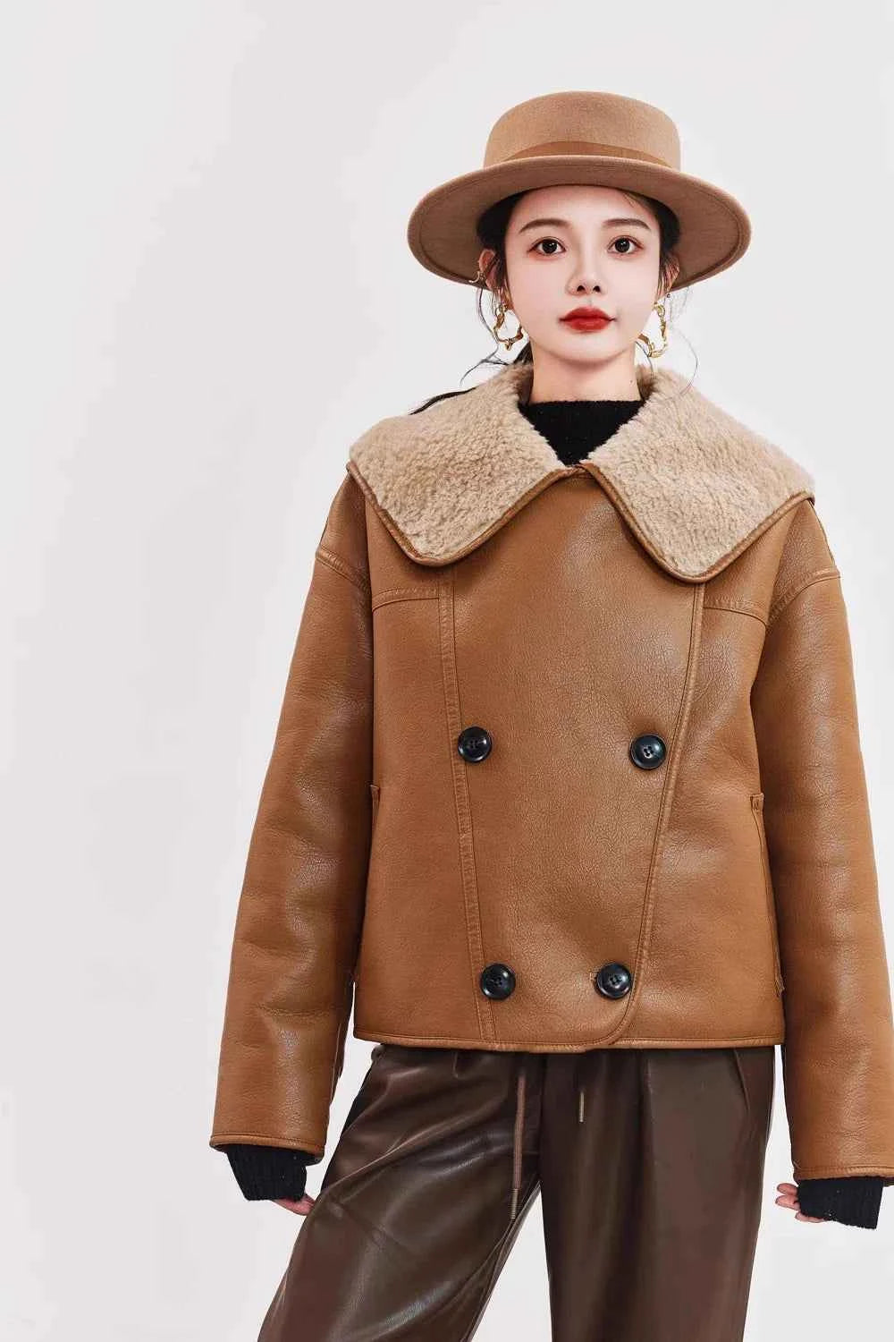 Women Warm Shearling Double Breasted Aviator Leather Jacket