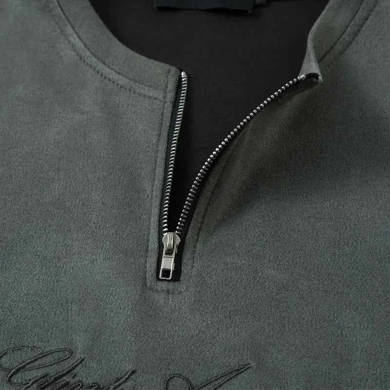 Suede Embroidered Zipper Short Sleeve T-Shirt