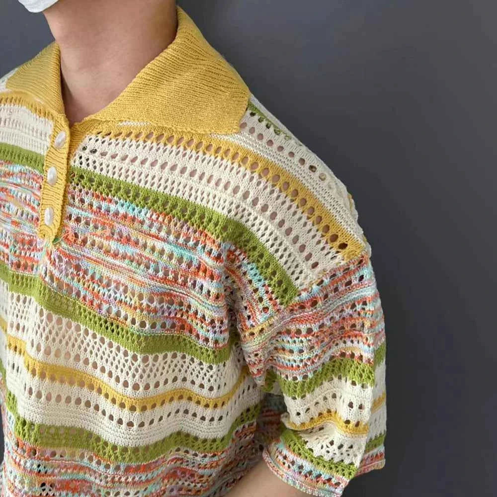 Versatile Gradient Striped Knit Polo Sweater