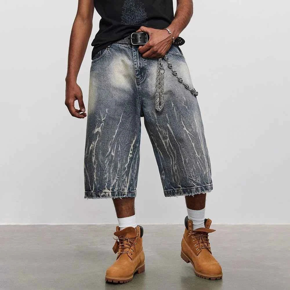 Lightning Pattern Washed Cropped Denim Jorts
