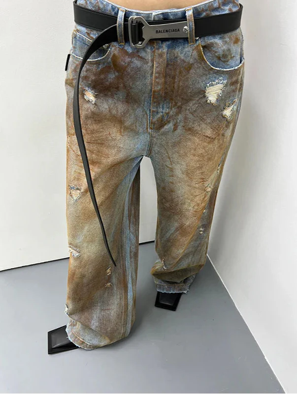 Flexible Streetwear American Style Hip Hop Rusty Jeans - Luxuryurbanwear