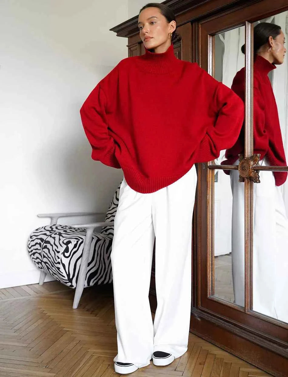 Flattering Oversized High Collar Knitted Sweater