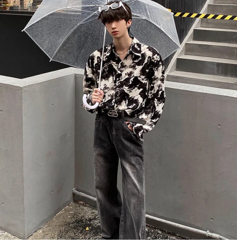 Casual Dark Korean Style Ink Painting Long Shirt - Luxuryurbanwear