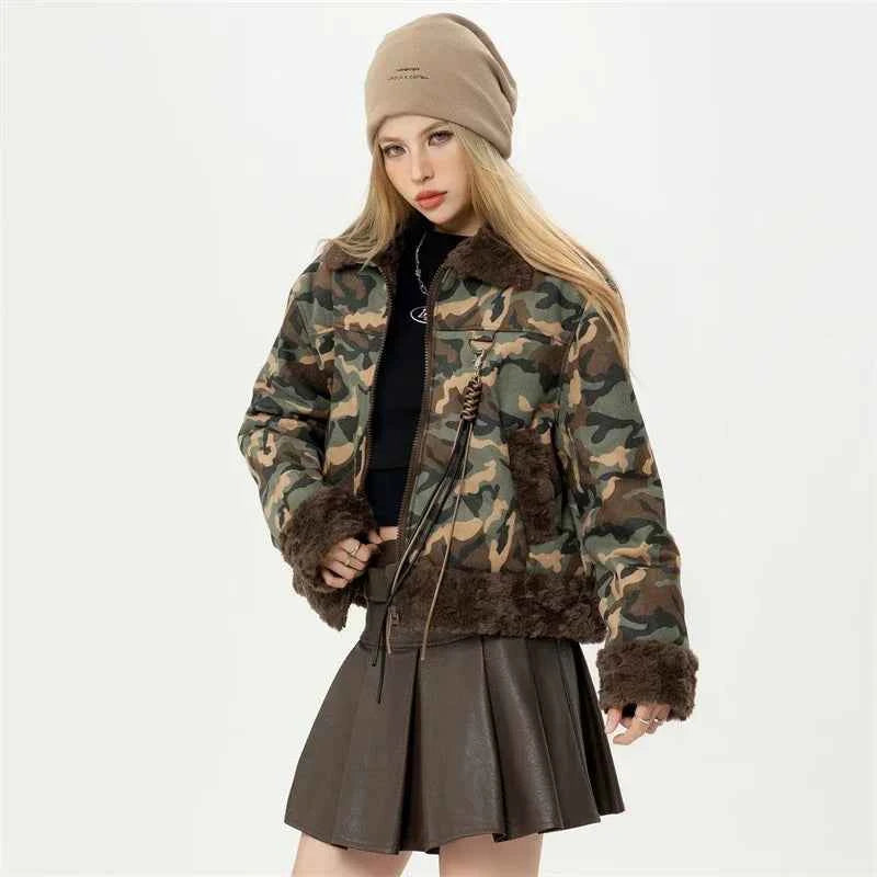 Women Camouflage Short Padded Winter Fur Jacket