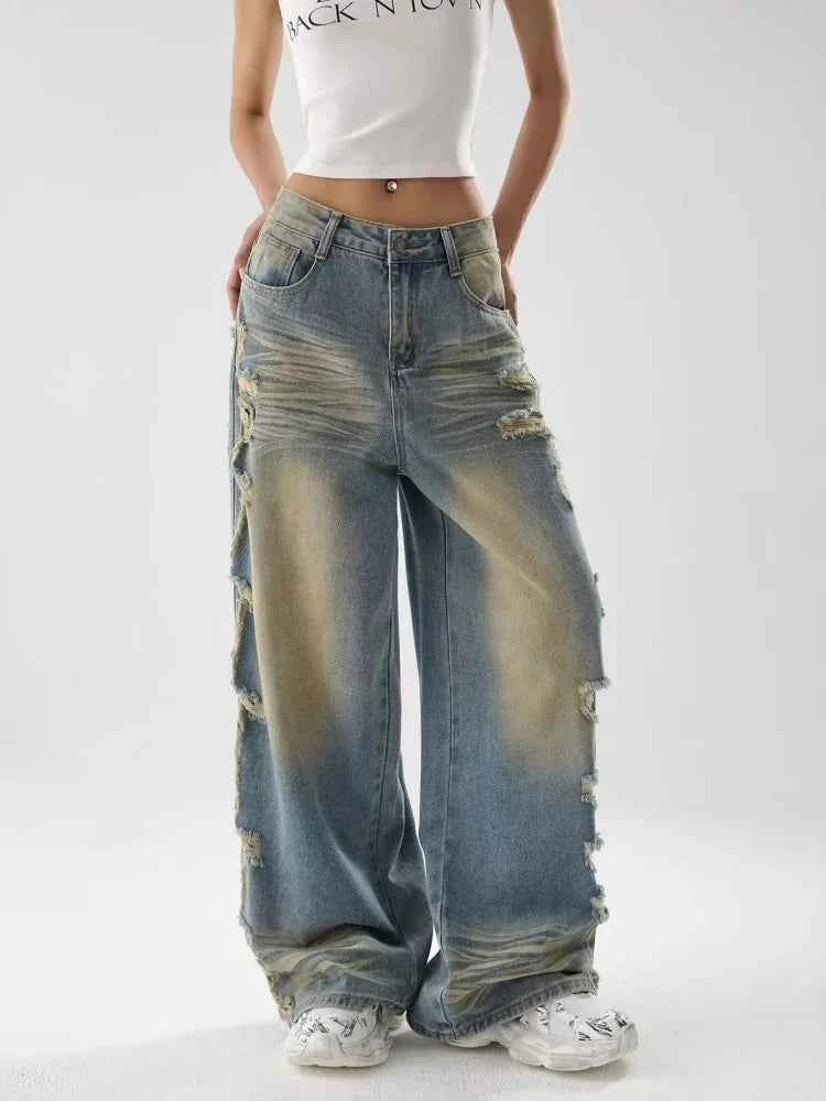 Vintage Distressed Blue Stacked Wide Jeans