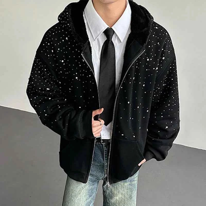 Diamond Patchwork Hooded Faux Fur Sweatshirt