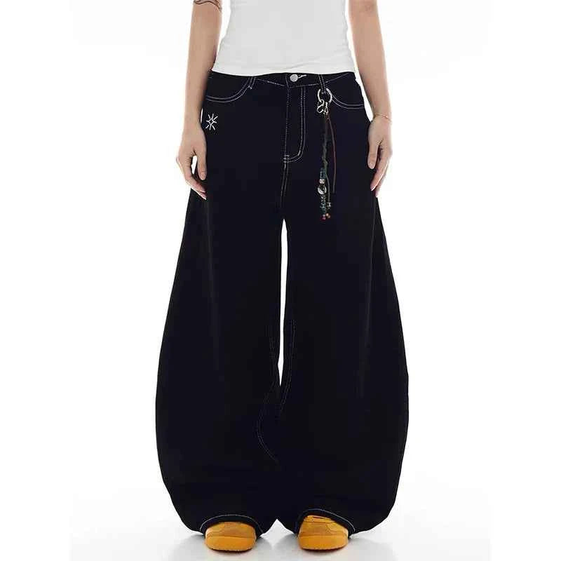 Black Durable Multi Pocket Denim Wide Leg Jeans