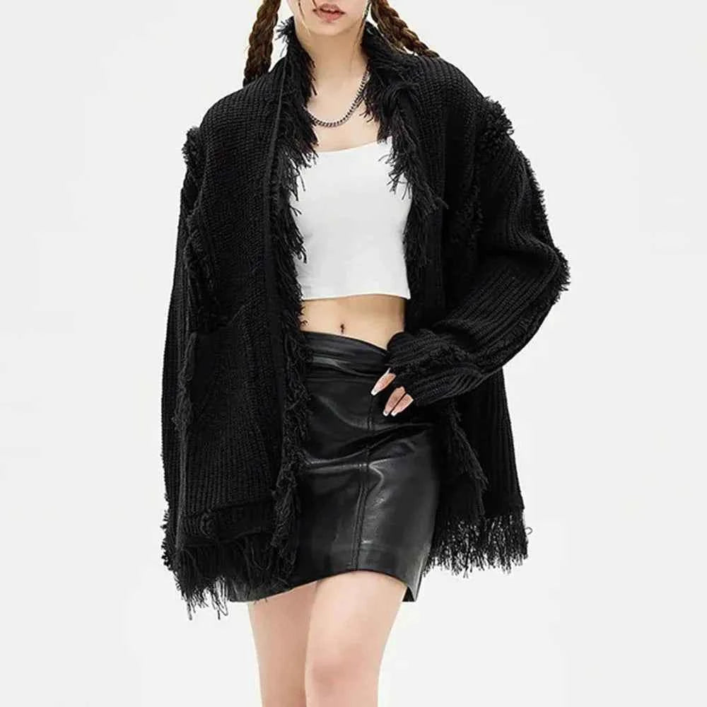 Chic Retro Tassel Ripped Long Sleeve Cardigan