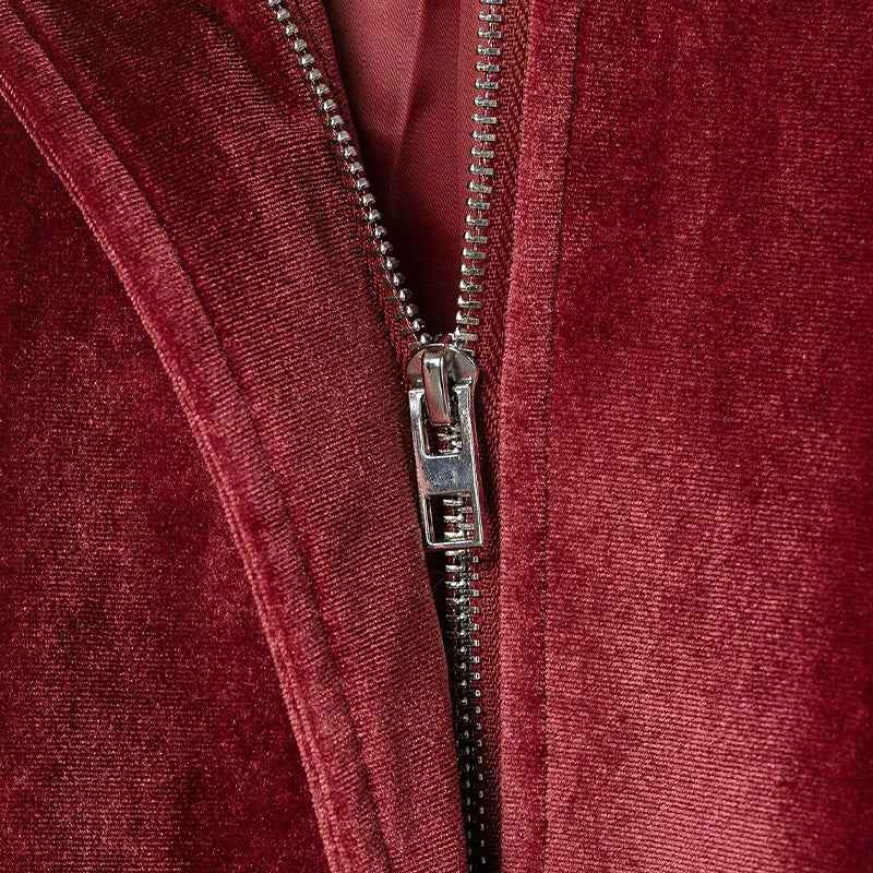 Vintage Red Embroidery Zipper Faux Fur Jacket