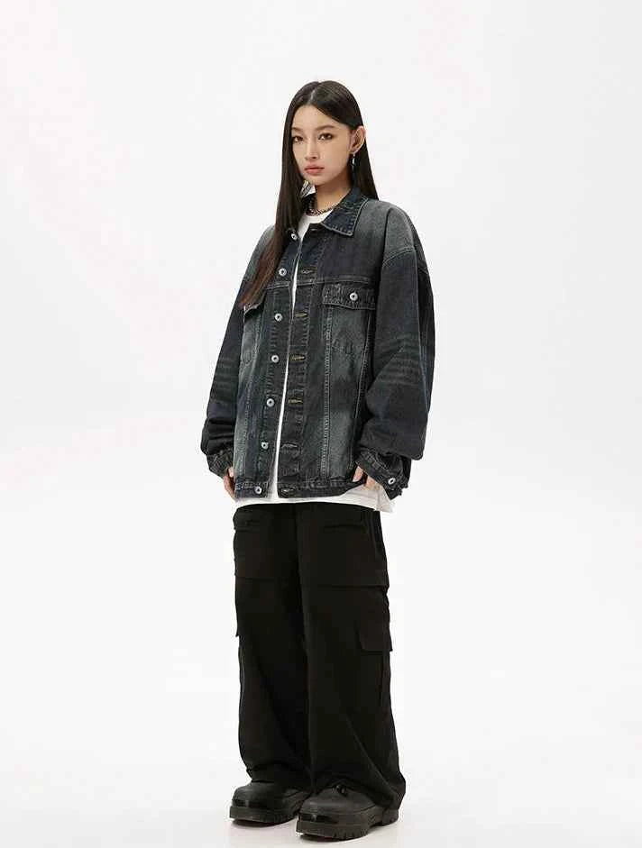 Damaged Neckline Loose Denim Jacket
