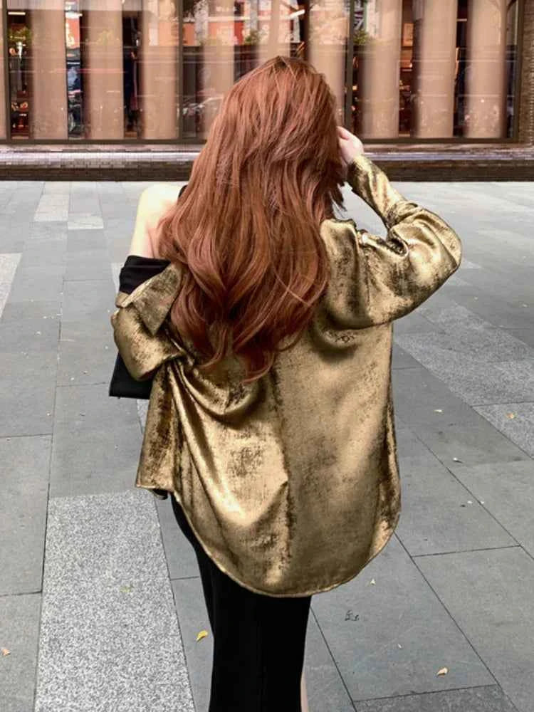 Women Classic Luxury Golden Color Long Sleeve Shirt