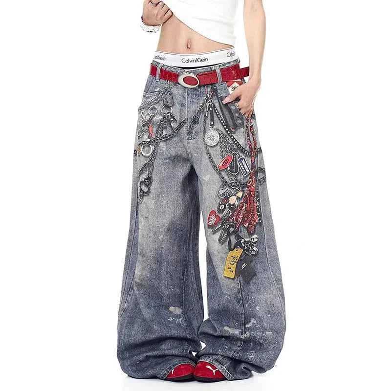 Korean Style Trendy 3D Printed Wide Leg Jeans
