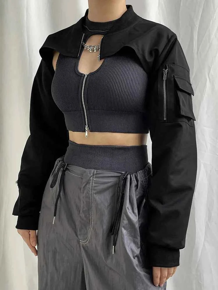 Women Edgy Punk Zip-Up Cargo Jacket