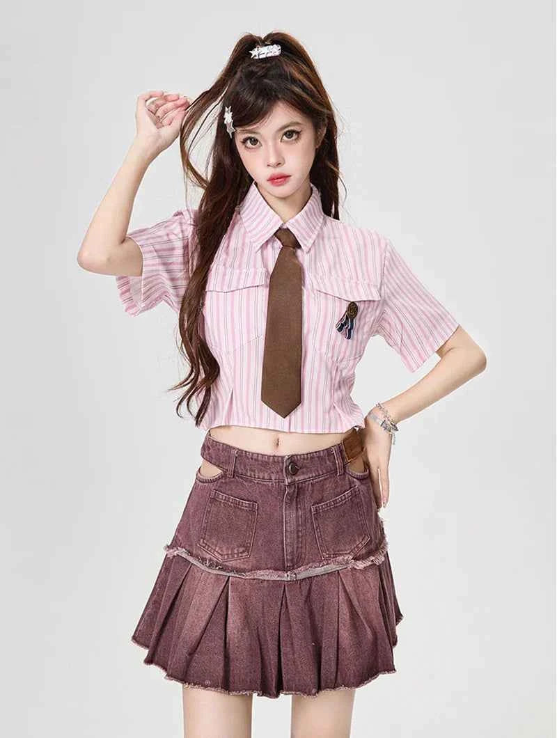 Y2K Women Streetwear Vintage Striped Tie Blouse Shirt