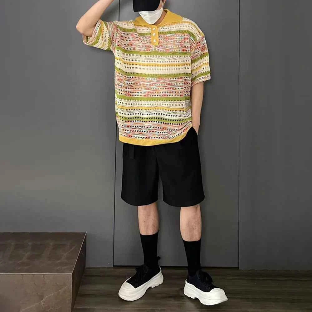 Versatile Gradient Striped Knit Polo Sweater