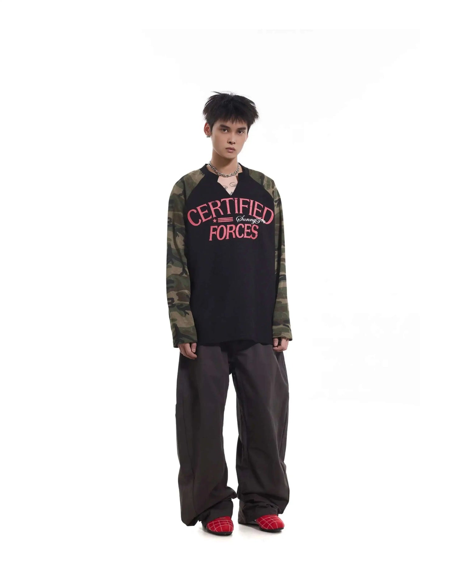 Vintage Camo Henley Collar Long T-Shirt - Luxuryurbanwear