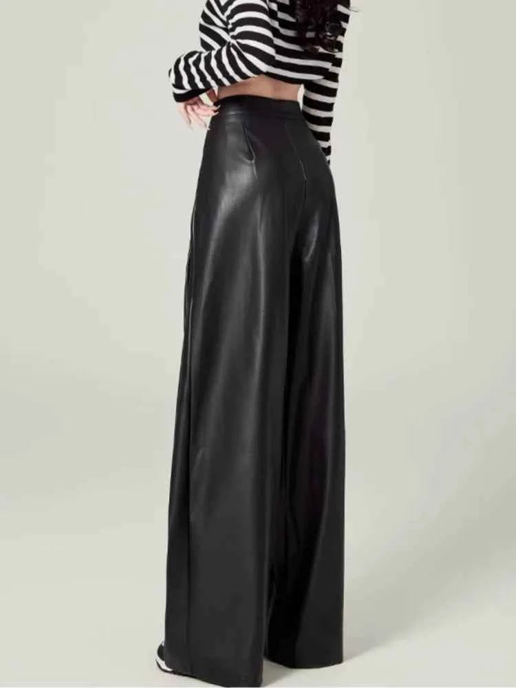 Stylish High Waist Drape Leather Pants