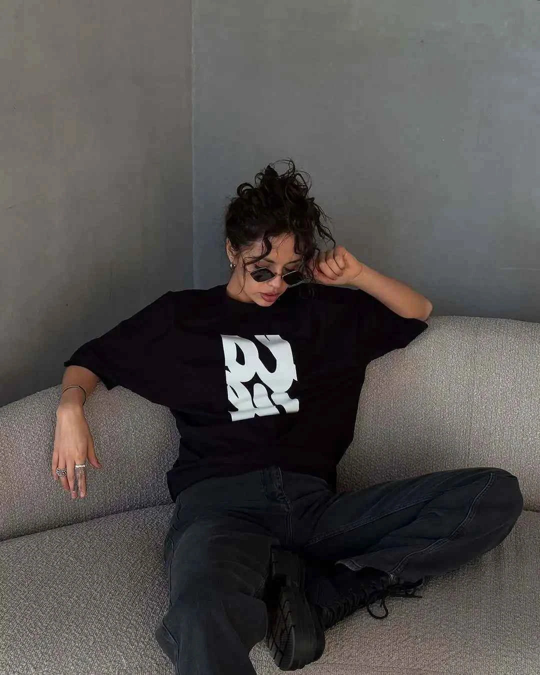 Y2K Russian Style Letter Printed Loose Cotton T-Shirt
