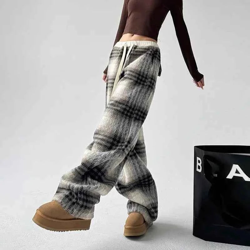 Cool Vintage American Style Plaid Wide Pants