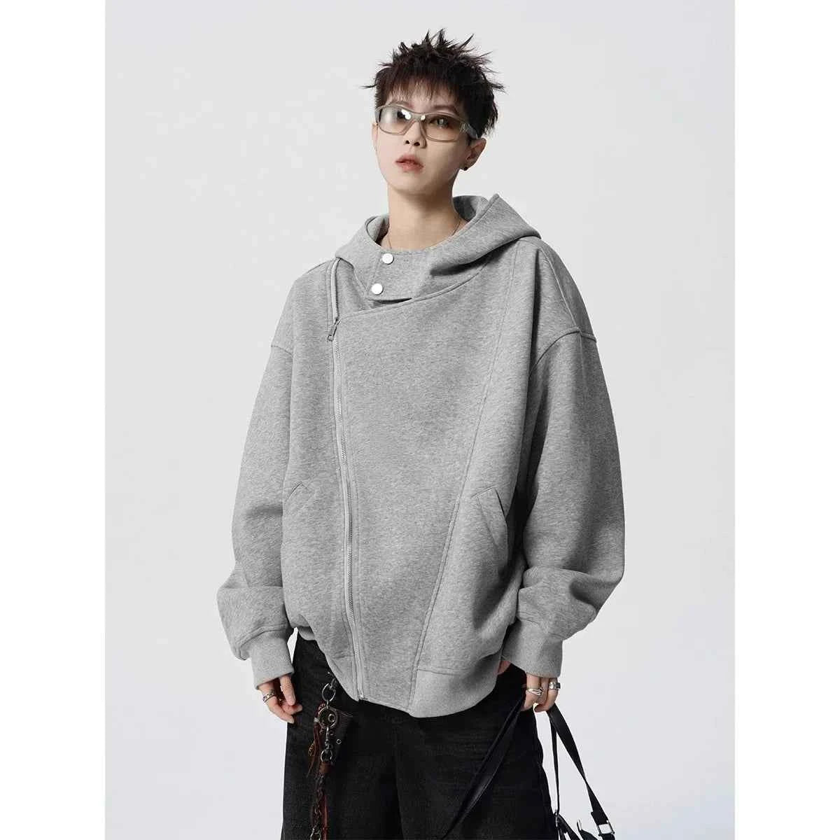 Irregular Design Double Zipper Hooded Sweatshirt