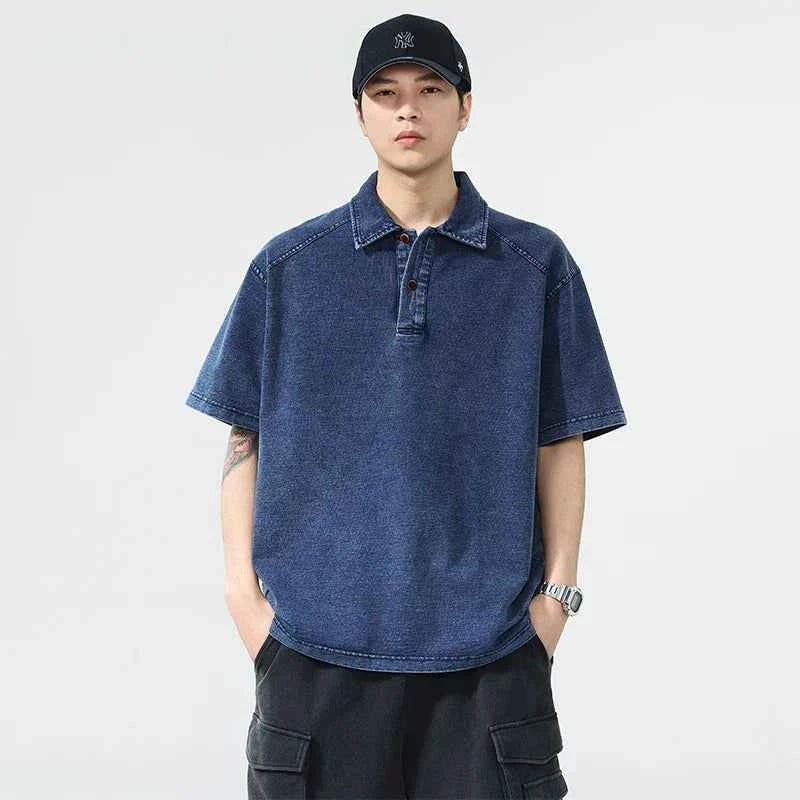 Men Stylish Casual Knitted Denim Polo T-Shirt