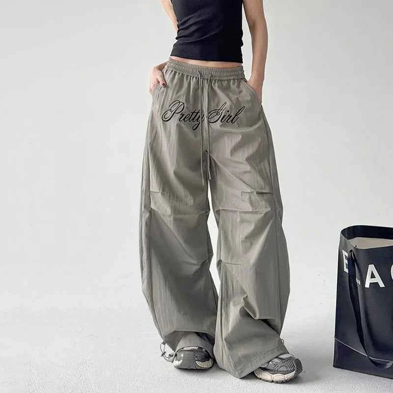 Gray Parachute Letter Embroidery Cargo Pants