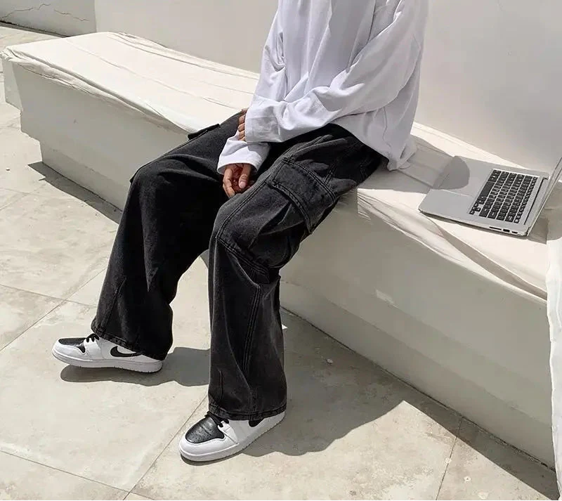 Handsome Retro Wide Leg Denim Cargo Jeans - Luxuryurbanwear