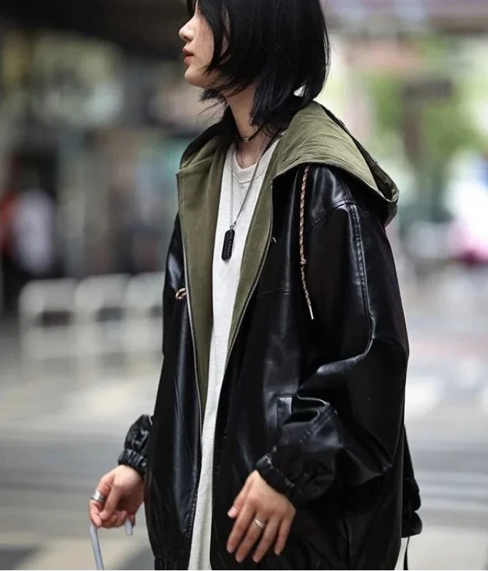 Chic Black PU Leather Hooded Zipper Jacket - Luxuryurbanwear