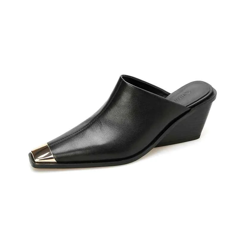 LUW "Metal-Head" Genuine Leather Mules - Luxury Med-Heel Summer Wedges