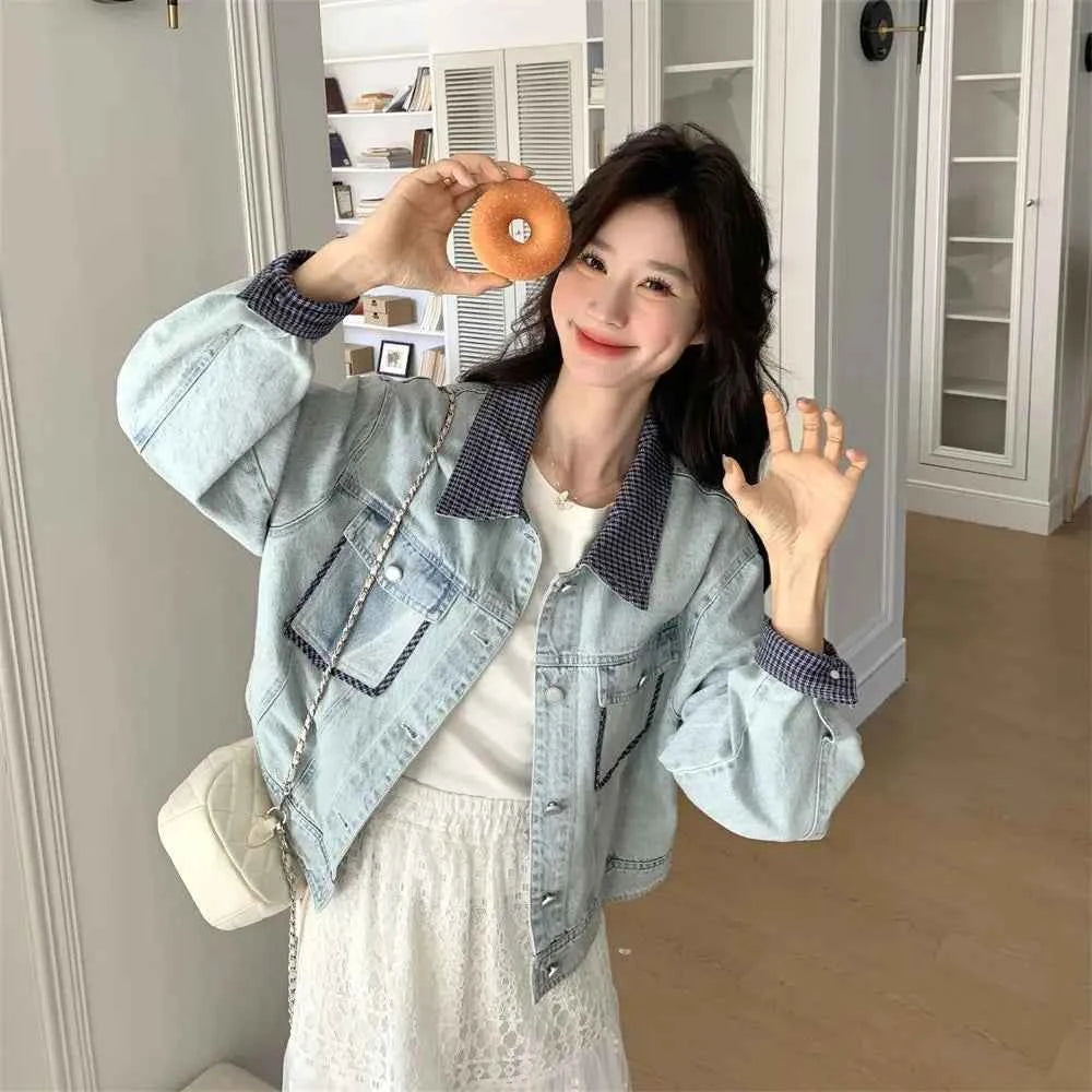 Women Retro Grid Splicing Denim Jacket